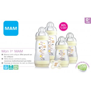 MAM Coffret Mon 1er MAM (4 Biberons + 1 Sucette + 1 Boite Doseuse), biberons  MAM Easy Start anti-colique pour nourrisson dès la naissance avec tétine  silicone ultra-douce : : Bébé et Puériculture